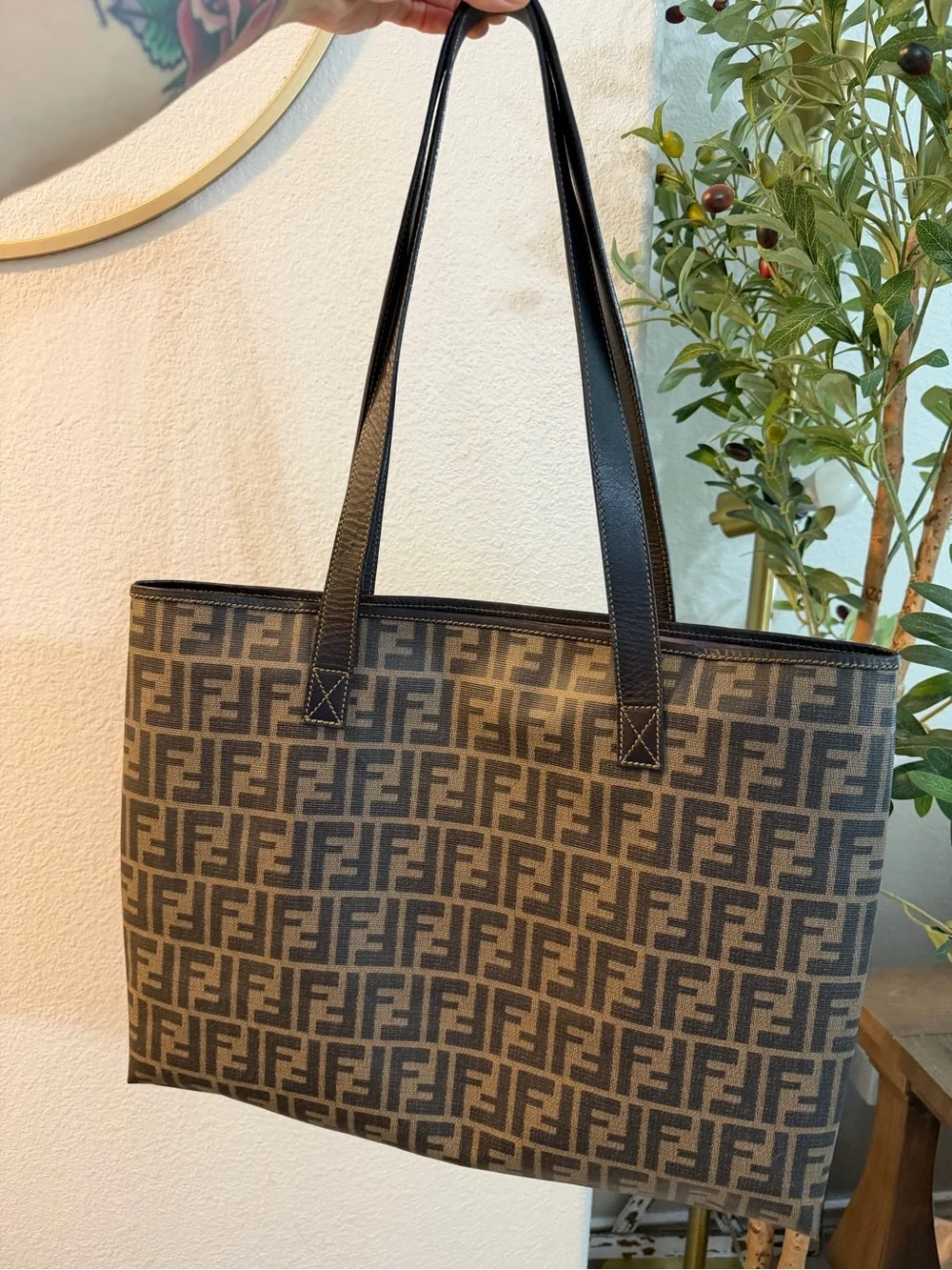 Fendi Brown FF Canvas Tote Bag with Black Leather Straps. Free COA.